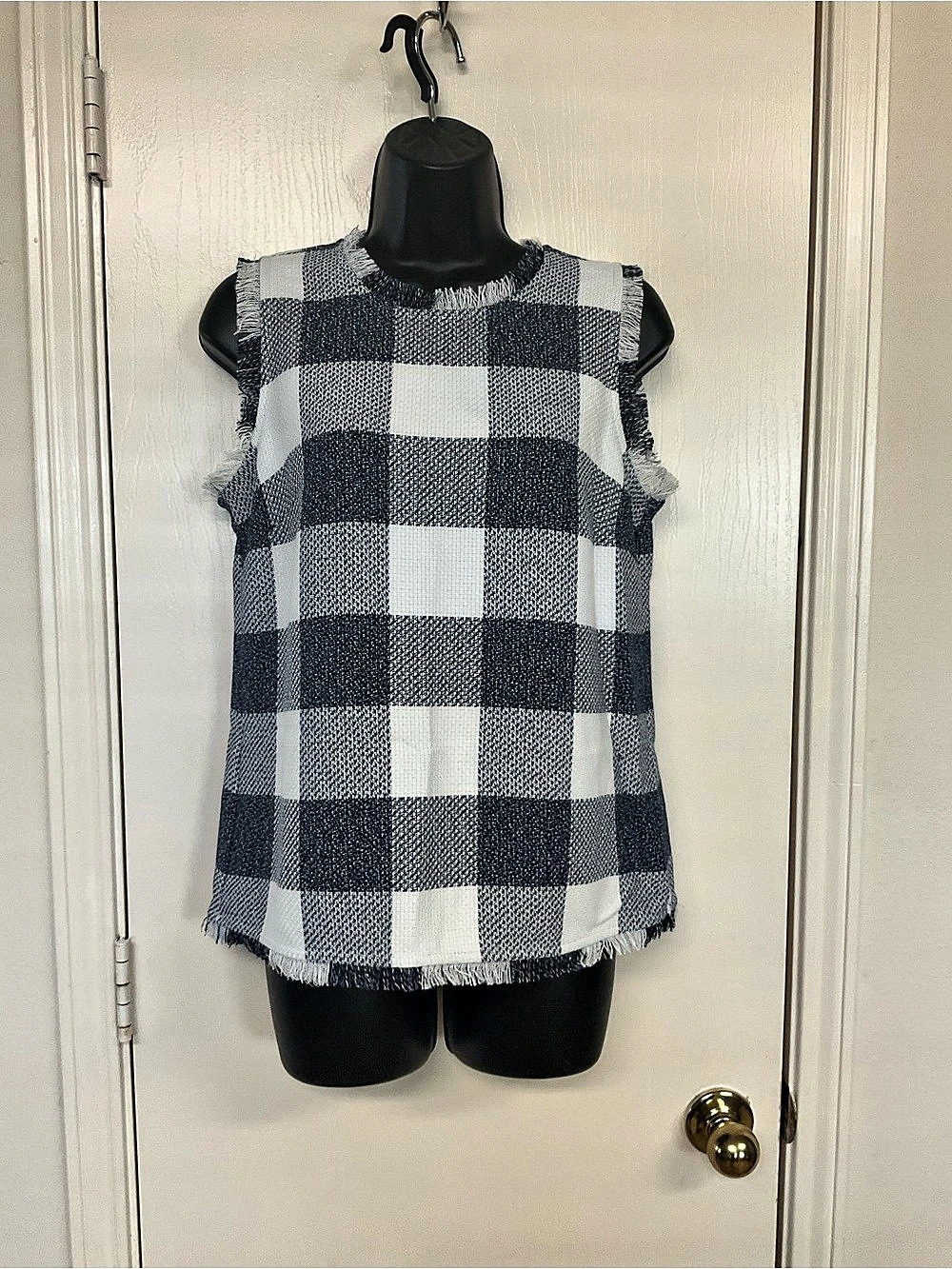 Banana Republic Gingham Tweed Shell Top Checkered Fringe Blouse in Blue & White